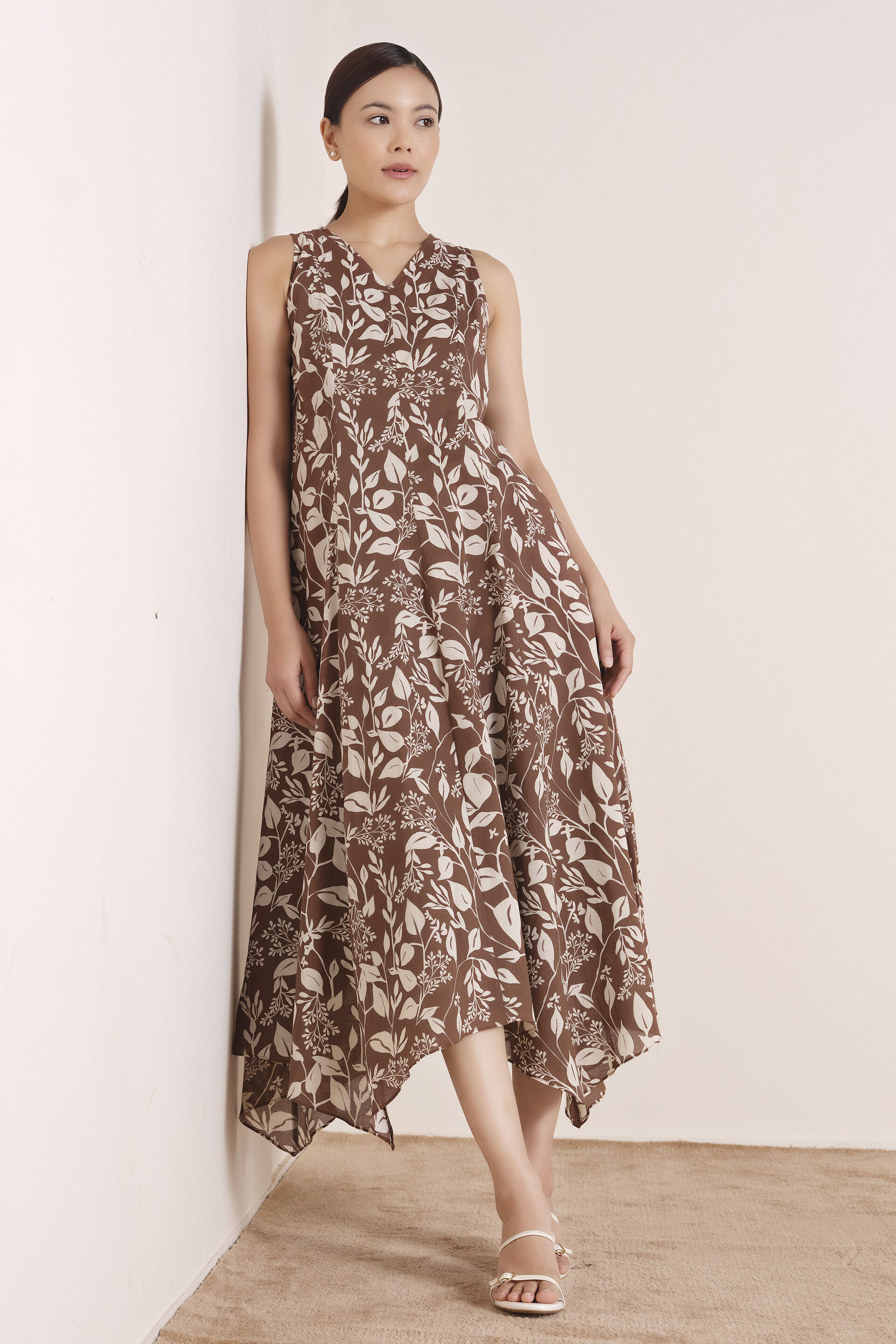 Leafy Brown Asymmetric Cotton Dress, Brown, image 2